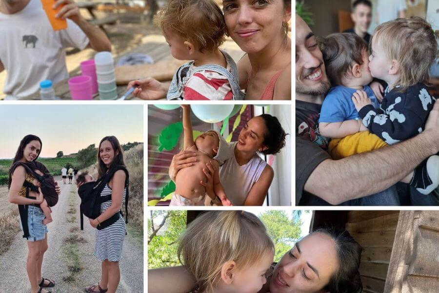 Familias con niños pequeños en diferentes momentos de crianza, ilustrando la presencia emocional y los límites sanos en la infancia.