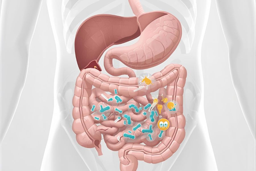 Ilustración del sistema digestivo mostrando bacterias en el intestino delgado, representando el sobrecrecimiento bacteriano conocido como SIBO.