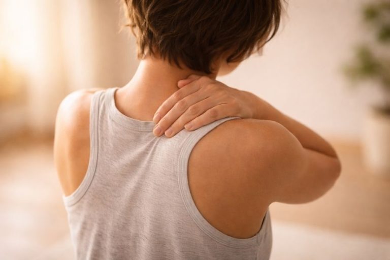 Mujer con dolor por contractura del trapecio