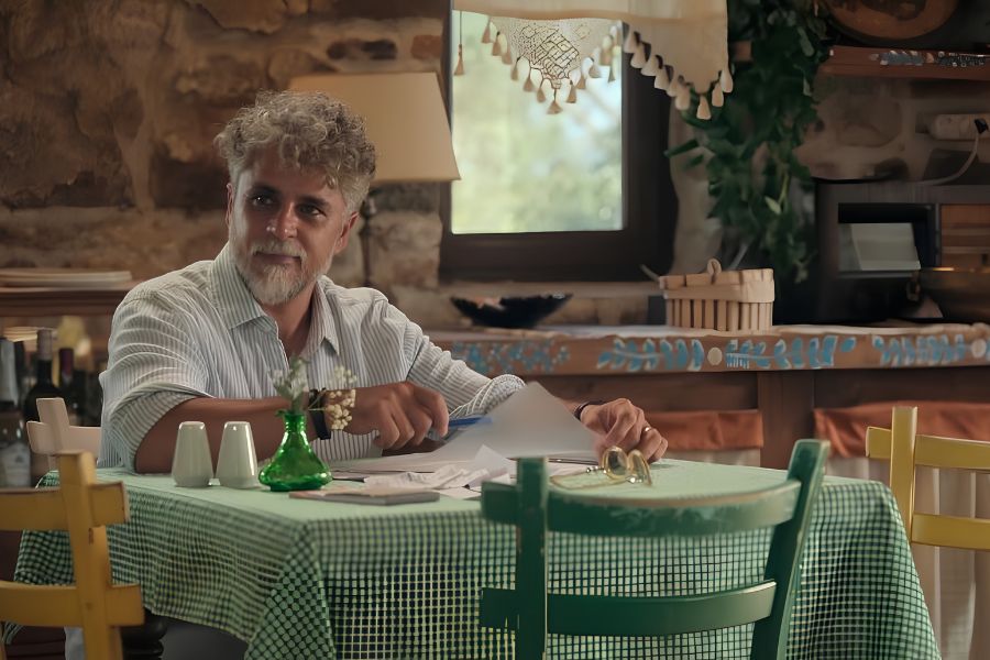 Erdem, el marido de Leyla, sentado en el restaurante Eleni con papeles en la mano en Mi otra yo temporada 3